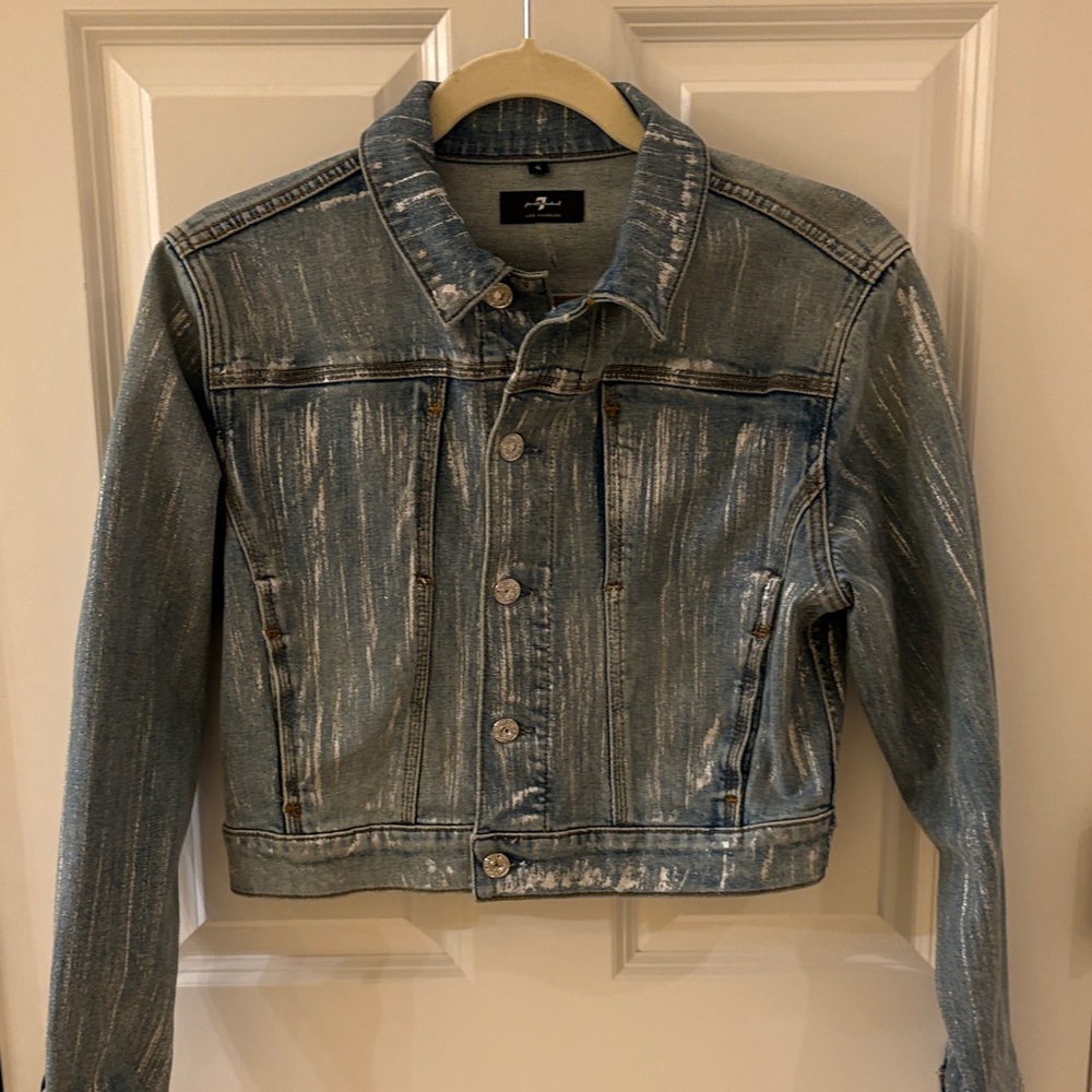 7 For All Mankind Silver Distressed Blue Jean Jacket Size S NWOT